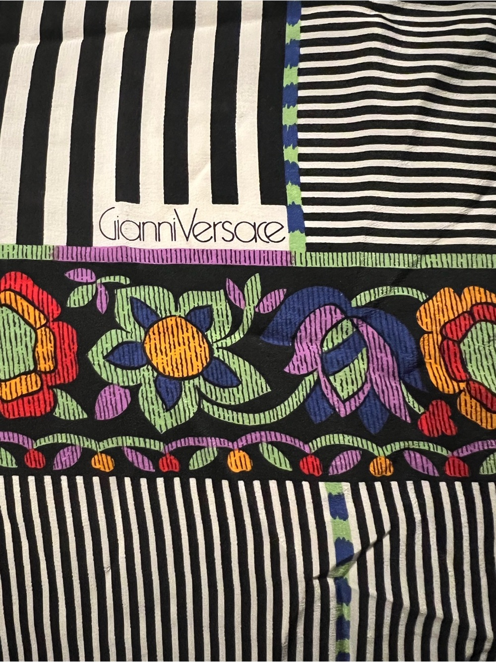 Gianni Versace Black & White Striped Floral Silk Scarf